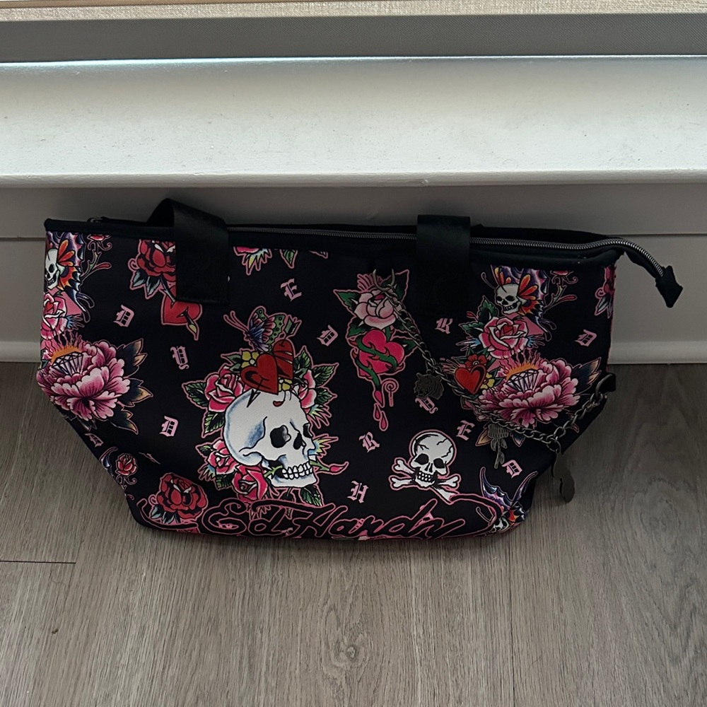 Ed Hardy Black and Pink Skull Floral Tote